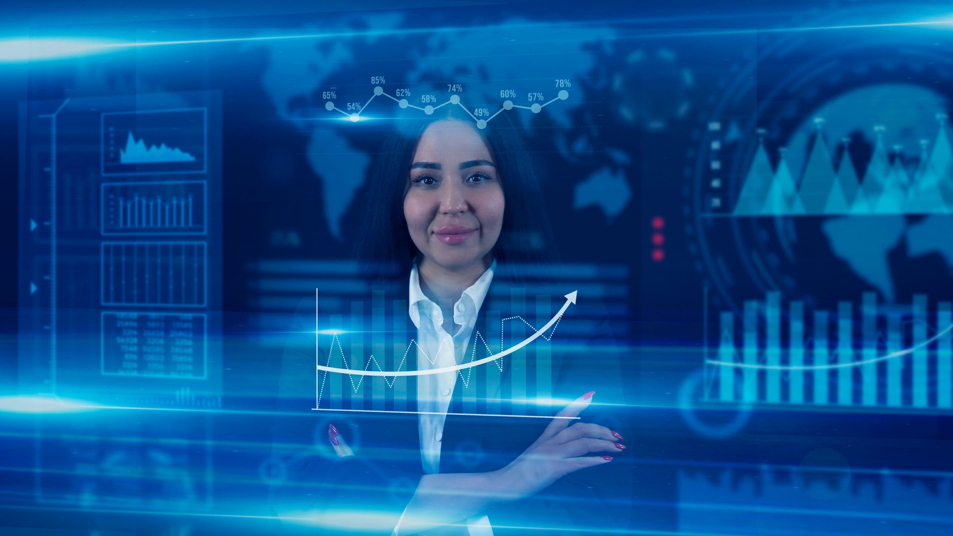 Businesswoman watch and analyze digital business data on futuristic holographic screen. Futuristic user interface concept. Graphical User Interface.